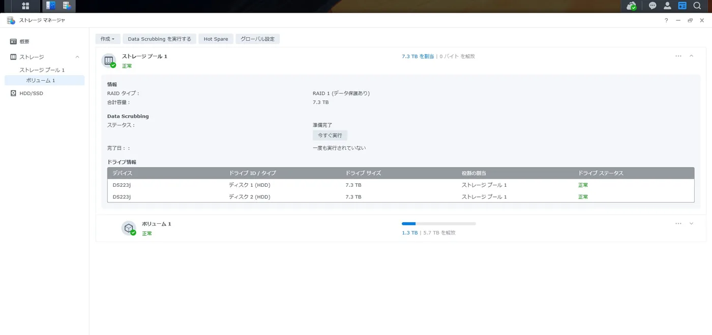 DS223jのDSMストレージマネージャ。RAID 1のストレージプールとドライブ2台が正常、データスクラビングは一度も実行されていない表示